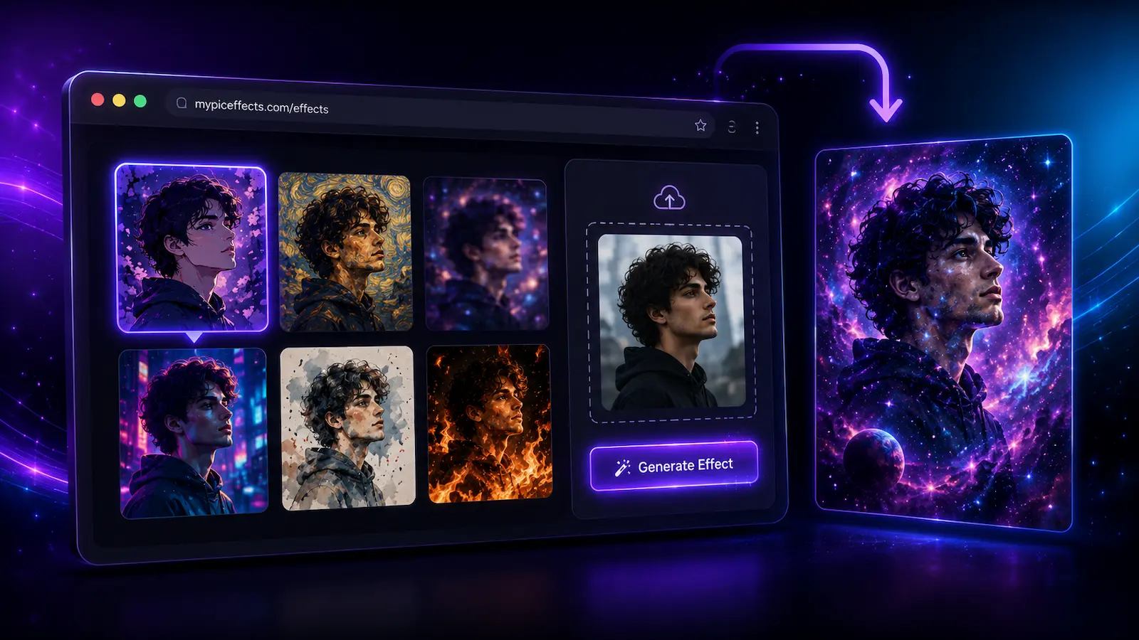 How to apply photo effects online for free on mypiceffects.com — visual showing browser interface with effects gallery, photo upload area, and downloaded result