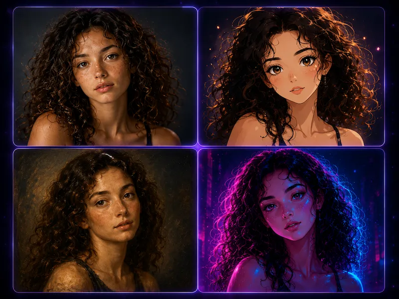Before and after comparison of AI photo effects on mypiceffects.com — a portrait transformed into anime, oil painting, and neon styles side by side