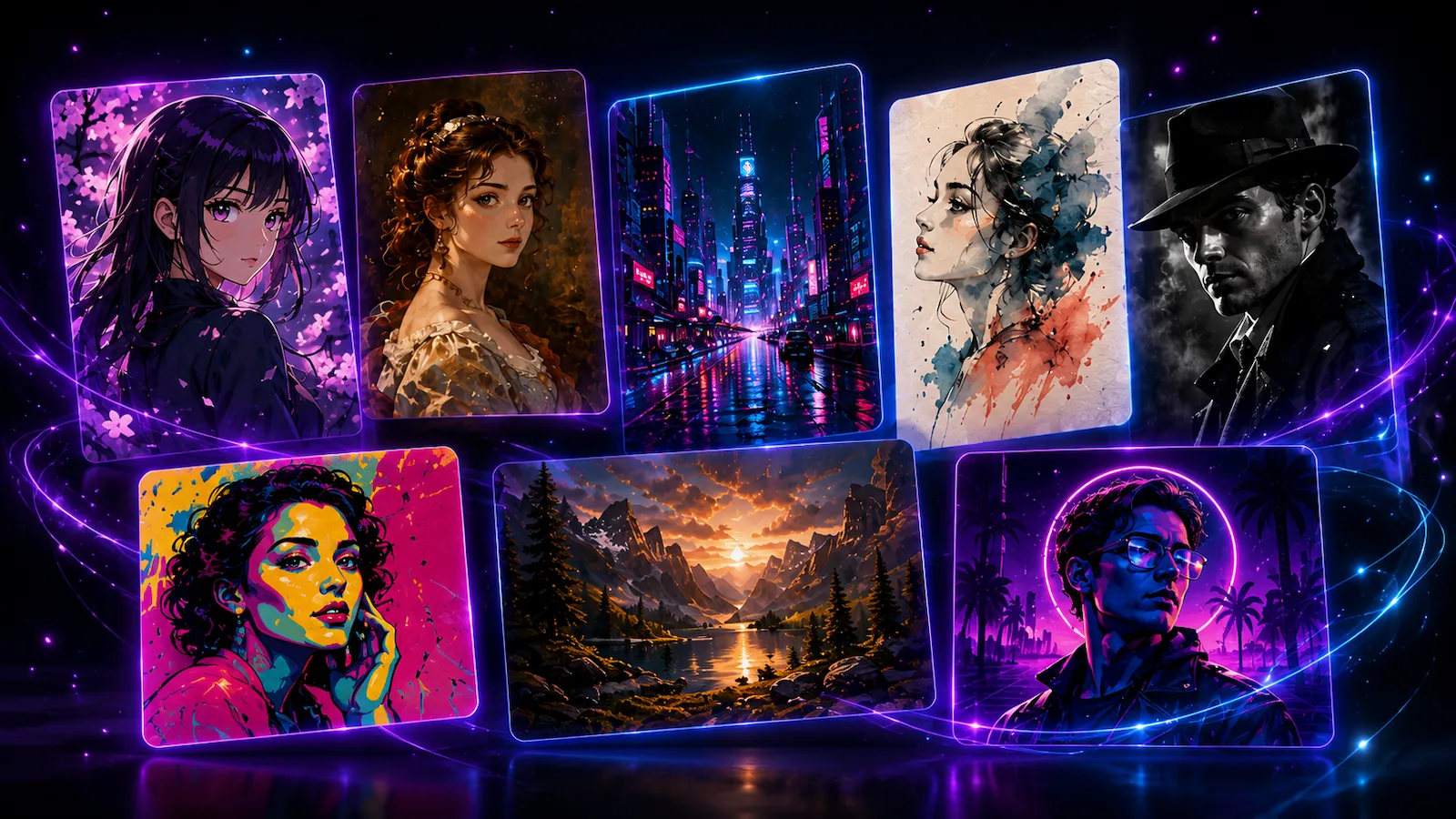 mypiceffects.com hero showcase — collage of free AI photo effects, creative filters, before and after transformations applied to portraits and landscapes