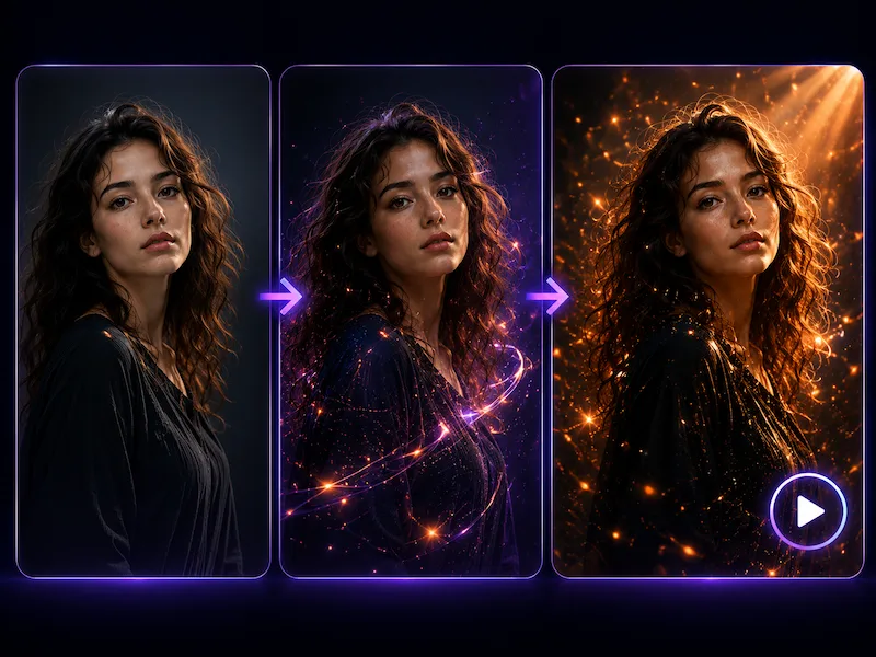 Photo to video animation effect on mypiceffects.com — a still portrait transformed into a looping cinematic MP4 with motion, particles and lighting